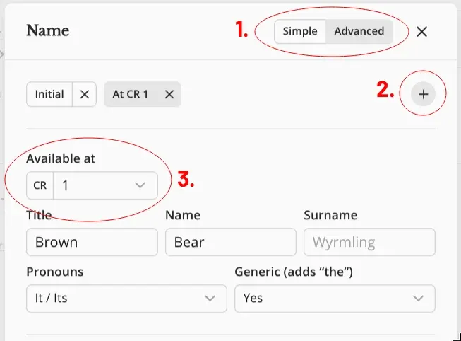 The monster's name options at CR 1