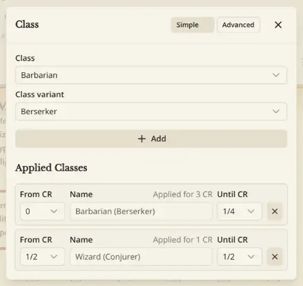 Multiclassing allows you to apply multiple objects (stat groups) and choose in which CR ranges apply them