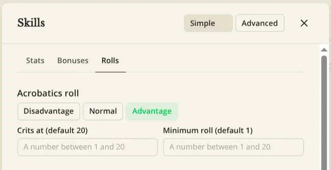 Roll options in their own tab, were you can tweak rolls for Initiative, Skills, Saves, and more